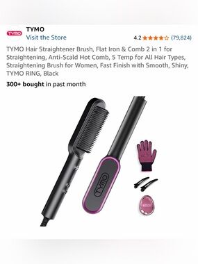 TYMO Black and Pink Hair Straightening Brush with Heat Glove